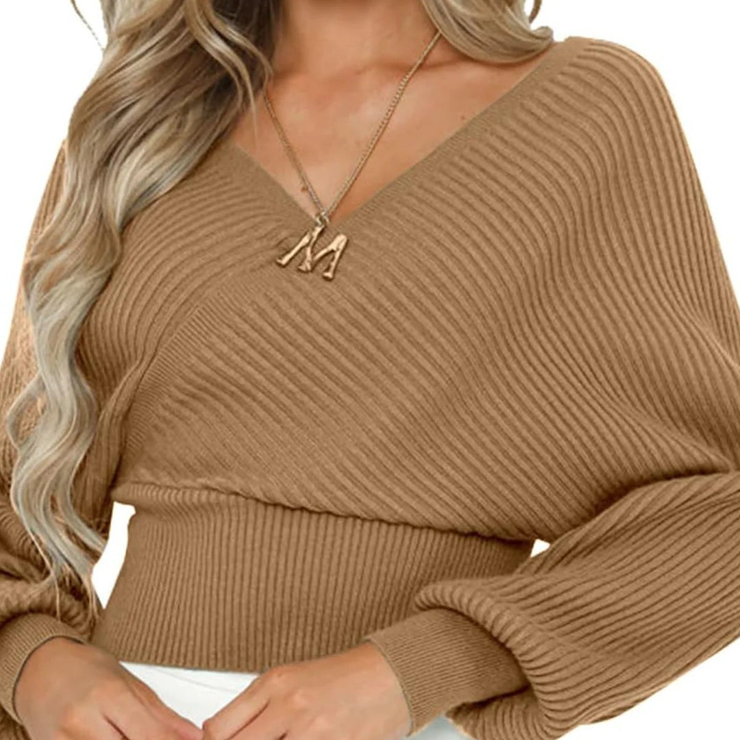 Damen lässiger V-Ausschnitt Pulli mit breiten Ärmeln und Rippstruktur R&B