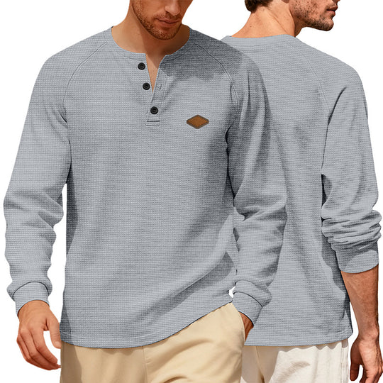Herren nan Waffelstrick-Henley Langarmshirt mit Raglanärmeln, Halbknopfleiste und Lederlabel R&B
