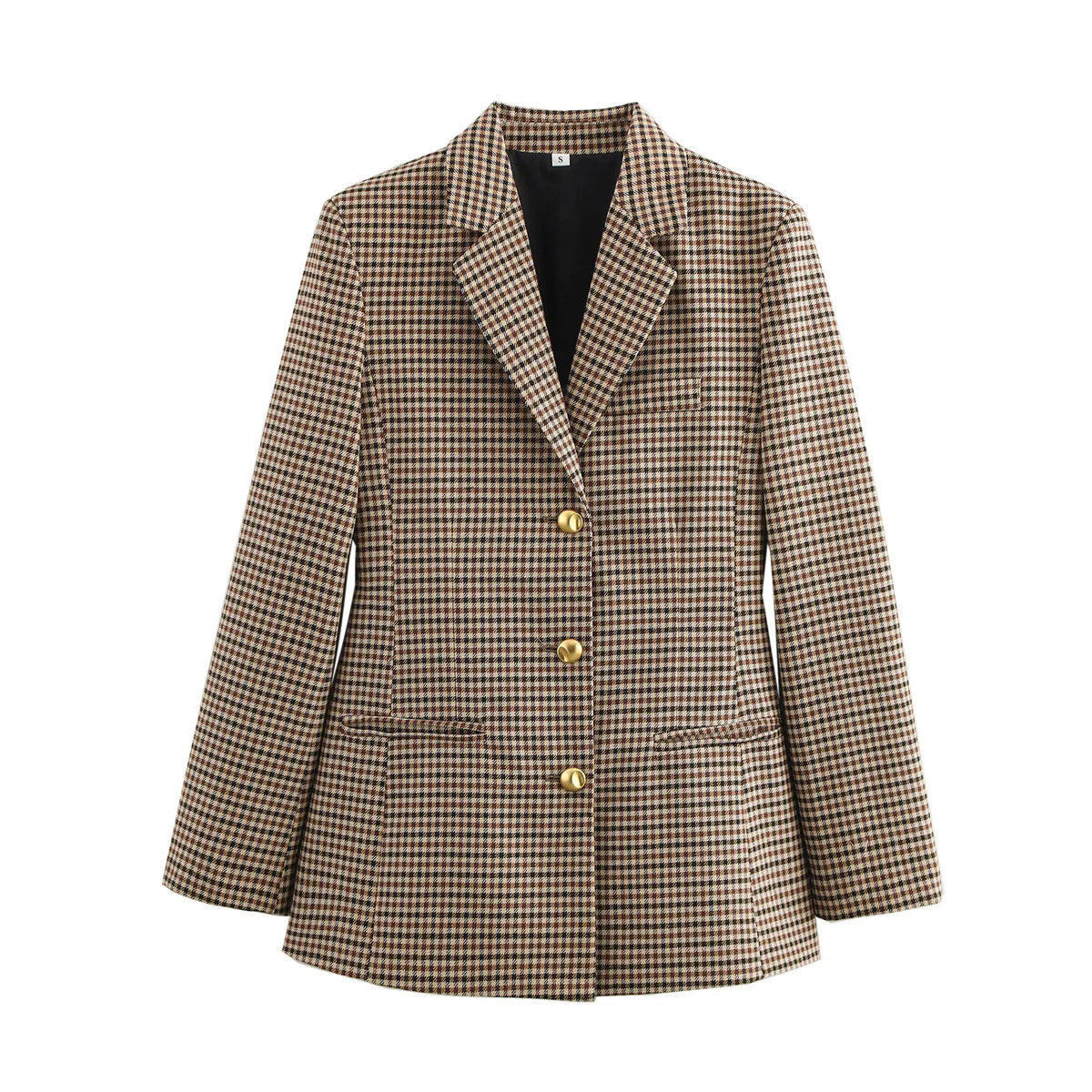 Damen elegante karierte Blazerjacke mit Goldknöpfen R&B