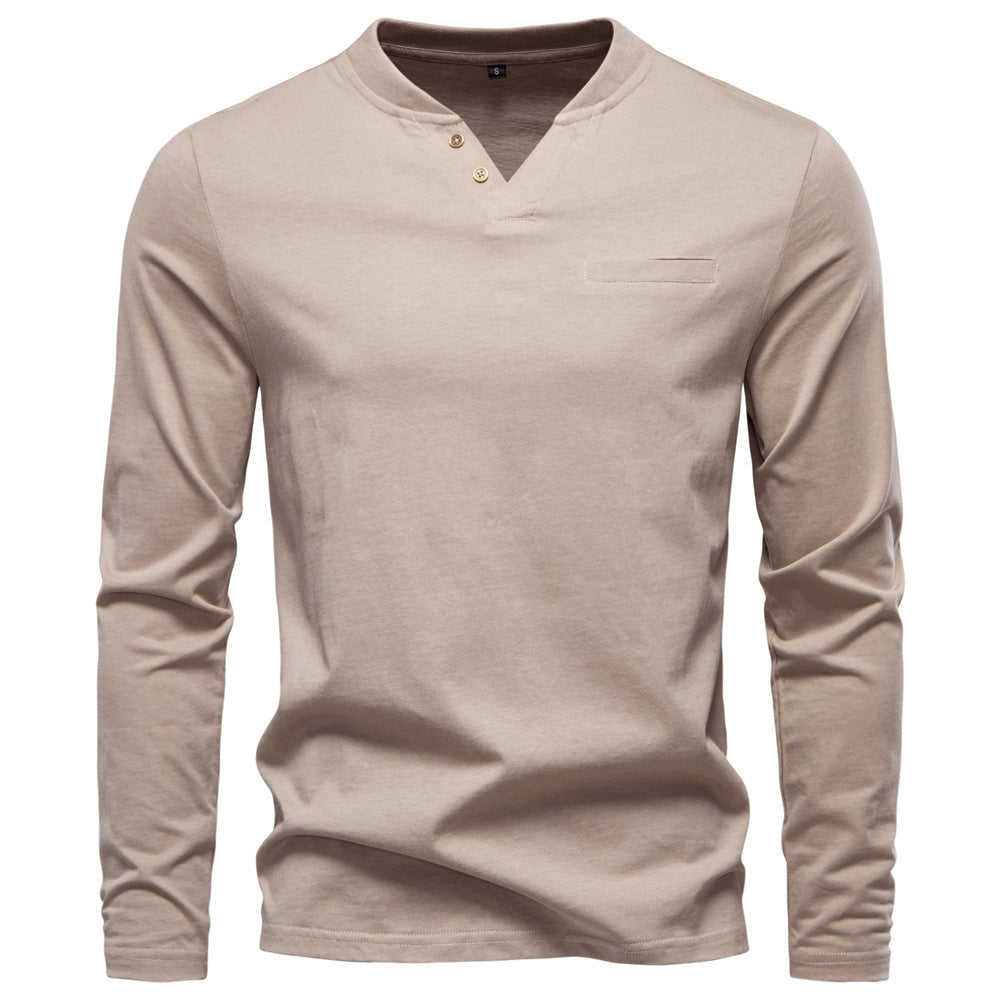 Herren nan tailliertes Langarmshirt im Henley-Stil mit kurzem V-Ausschnitt, Zierknöpfen und Brustleistentasche R&B