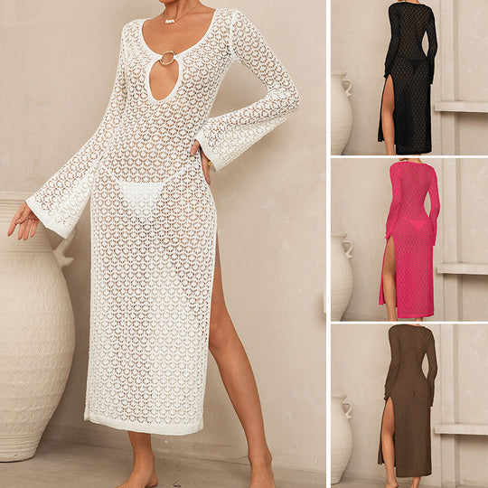 Damen Häkel-Maxikleid mit tiefem Ausschnitt und weit ausgestellten Ärmeln R&B
