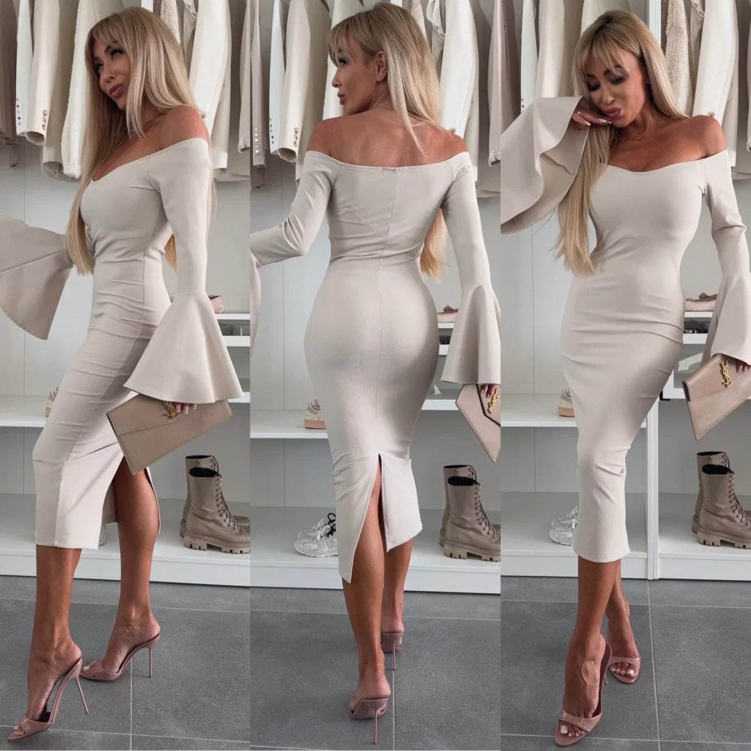 Damen Wickelkleid mit schulterfreiem Design und eleganten Trompetenärmeln R&B