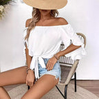 Damen Off-Shoulder-Bluse mit Rüschendetails und Taillenbindung R&B