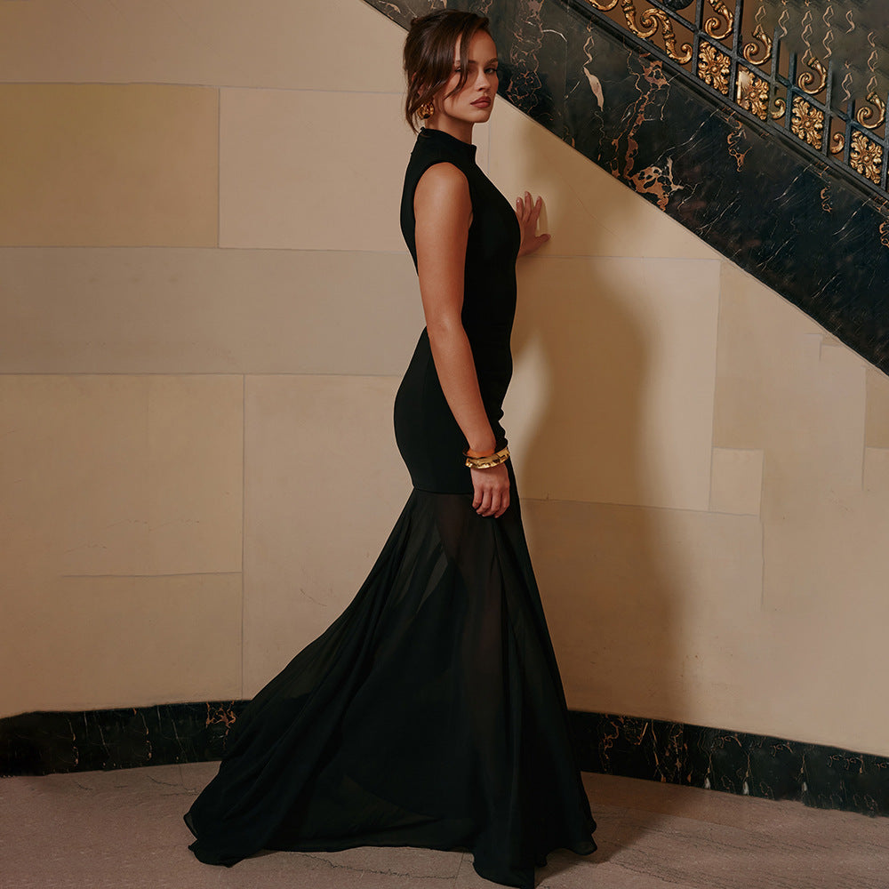 Damen Elegantes Maxikleid mit tiefem V-Ausschnitt und transparenter Tüllschicht R&B