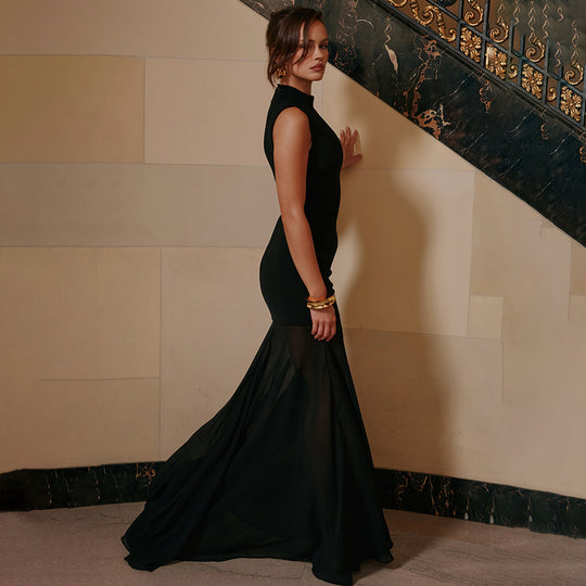 Damen Elegantes Maxikleid mit tiefem V-Ausschnitt und transparenter Tüllschicht R&B