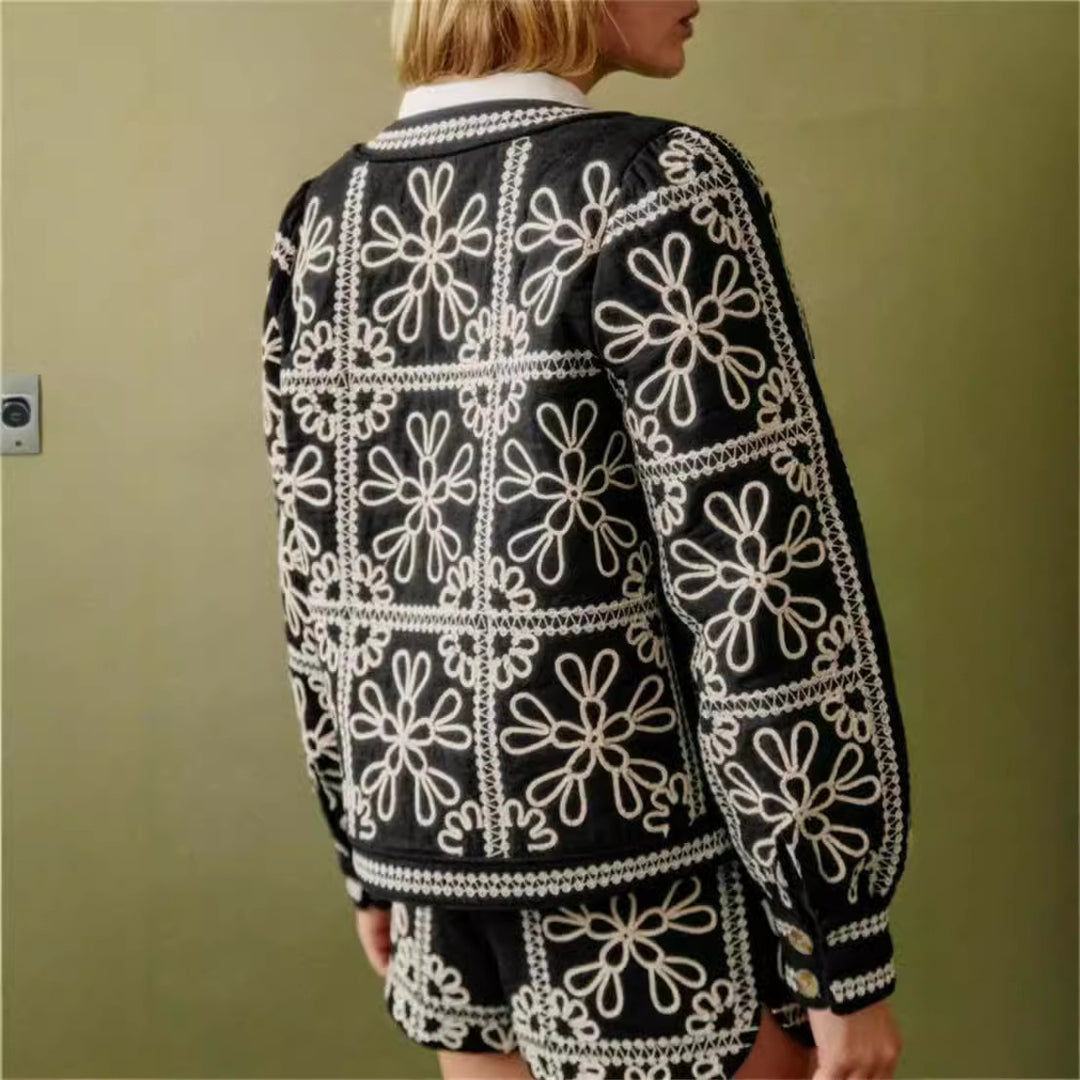 Damen gestickte Blumenjacke mit Volumenärmeln R&B