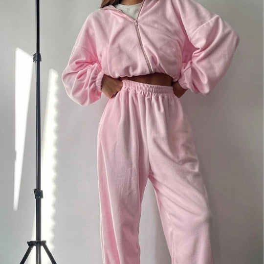 Damen lässiges Fleece-Set mit hohem Stehkragen und enganliegendem Bund R&B