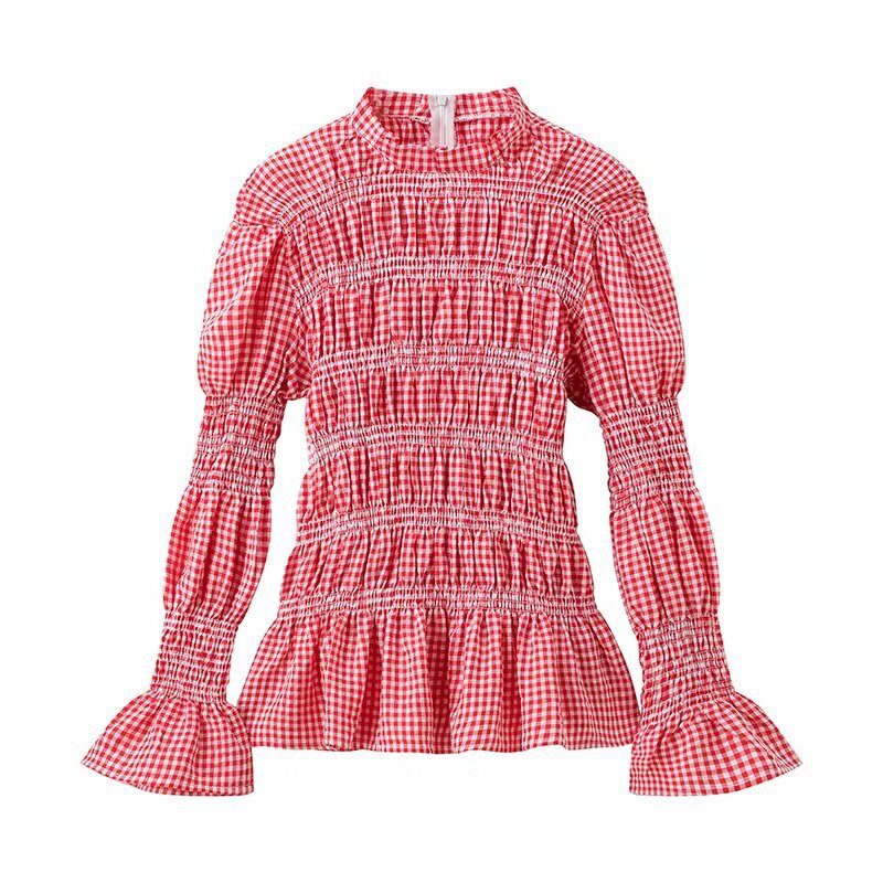 Damen Rüschenbluse mit Gingham-Muster und eleganten Puffärmeln R&B