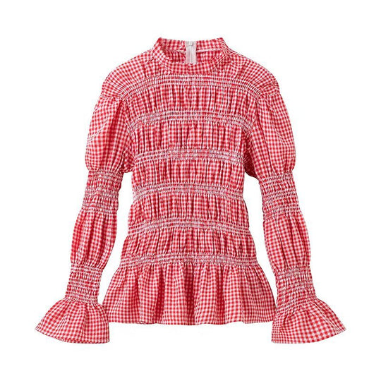 Damen Rüschenbluse mit Gingham-Muster und eleganten Puffärmeln R&B