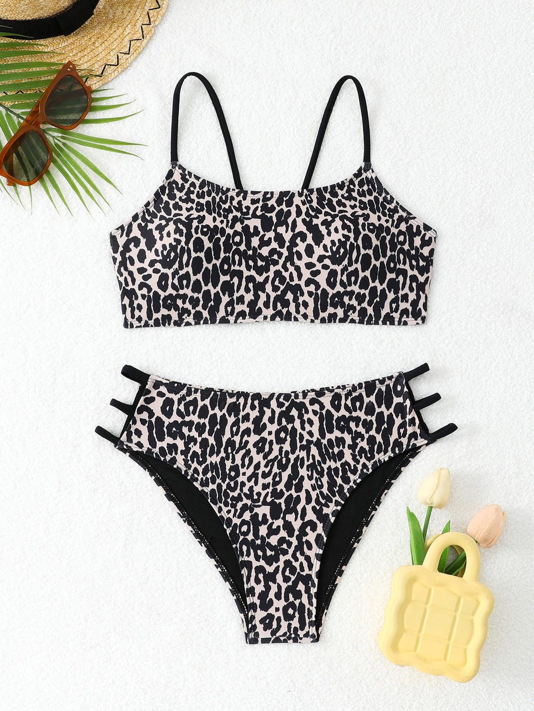 Damen Leopardenmuster Bikini-Set mit sportlichen Details R&B