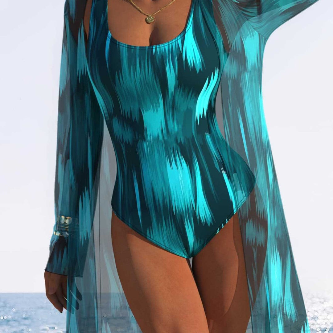 Damen Einteiliger Schwimmanzug mit transparentem Überwurf und modernem Wellenmuster R&B