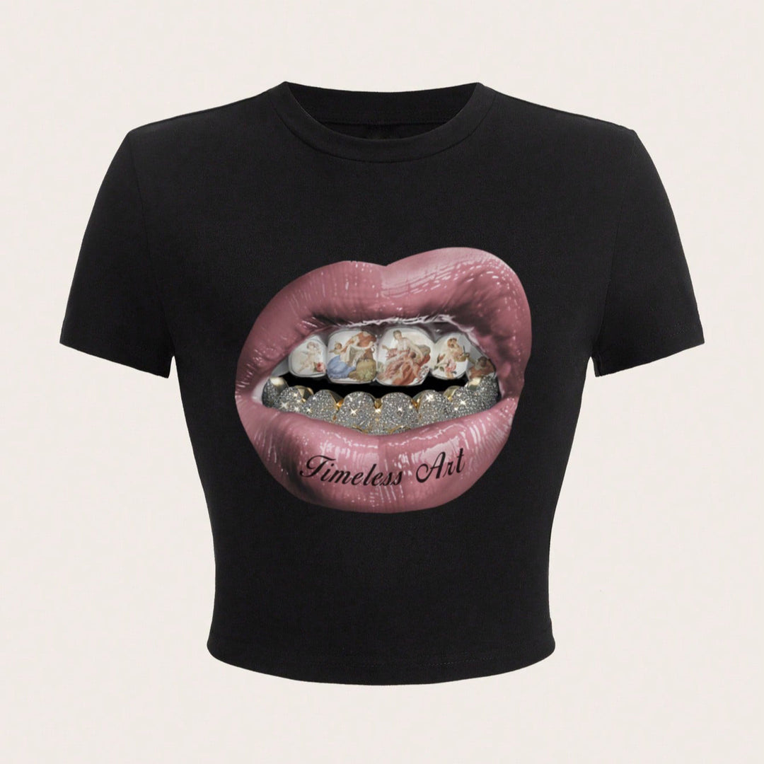 Damen Crop-T-Shirt mit kreativem Grafikdesign und einzigartigem Statement R&B
