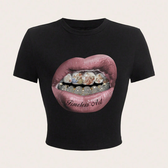 Damen Crop-T-Shirt mit kreativem Grafikdesign und einzigartigem Statement R&B