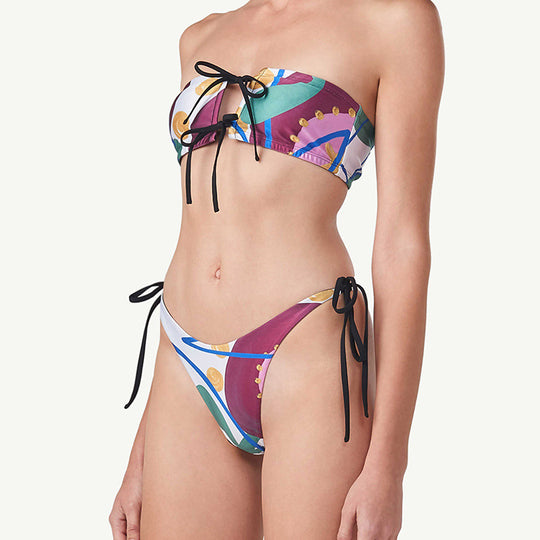 Damen Bandeau-Bikini mit verspieltem Muster und Bindebändern R&B