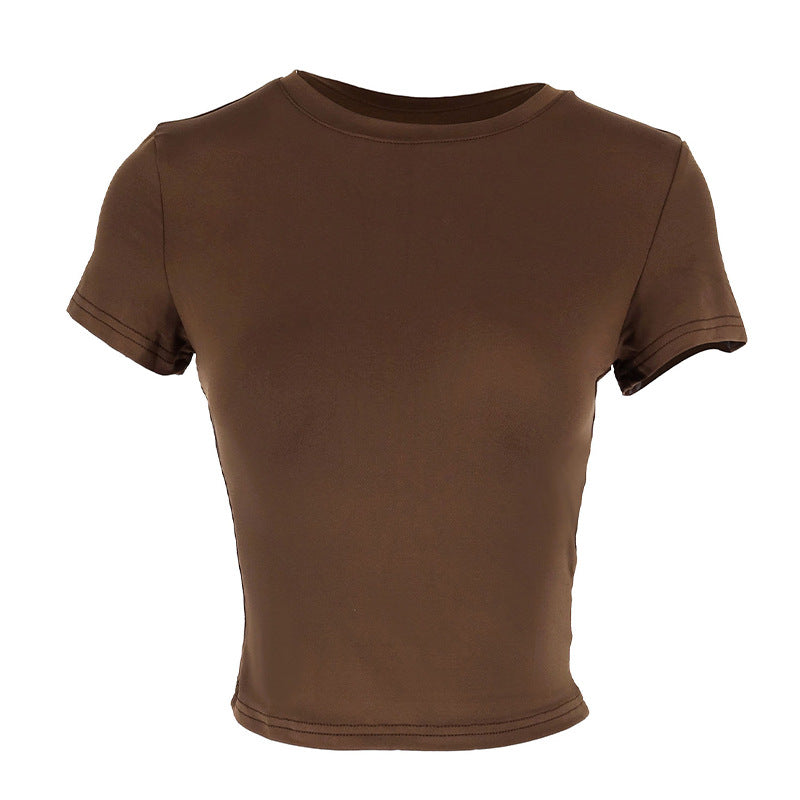 Damen figurbetontes Crop-Top mit Rundhalsausschnitt und elastischem Material R&B