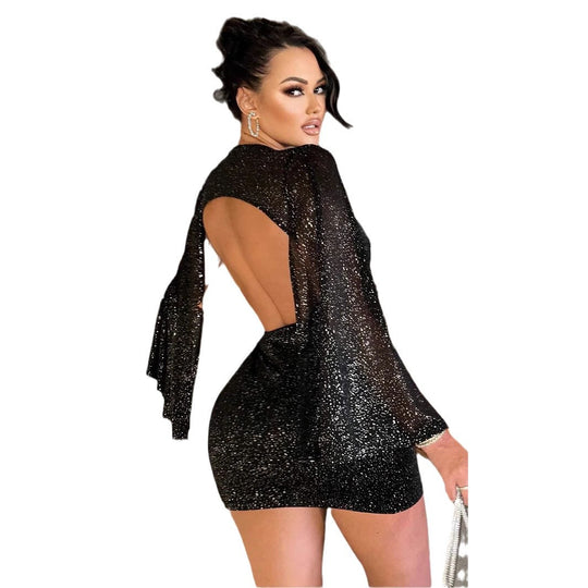 Damen Glamouröses Minikleid mit tiefem Rückenausschnitt und schimmernden Ärmeln R&B