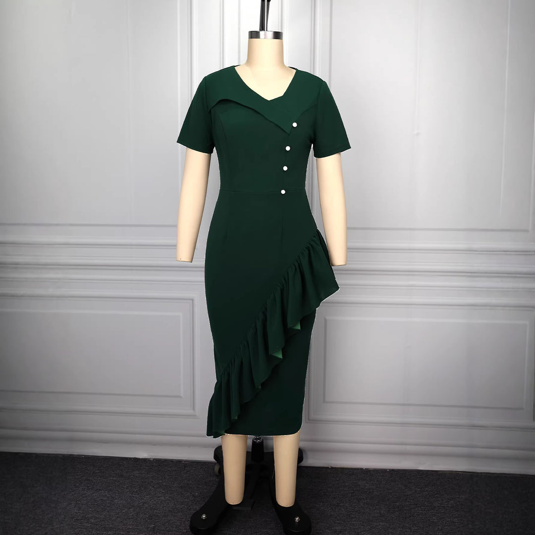 Damen figurumspielendes Kleid mit asymmetrischem Saum und Knopfdesign R&B
