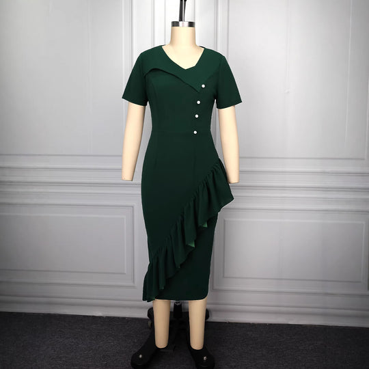 Damen figurumspielendes Kleid mit asymmetrischem Saum und Knopfdesign R&B
