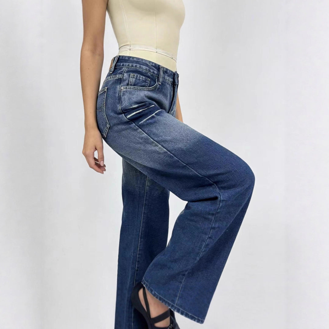 Damen weite hochgeschnittene Jeans mit besonderem Waschungseffekt R&B