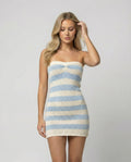 Gestreiftes Strickkleid Damen Trägerlos Blau Weiß Sommer Look