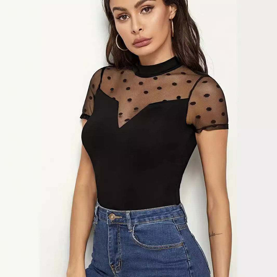 Damen Bodysuit mit transparenten Punkten und hochgeschlossenem Kragen R&B