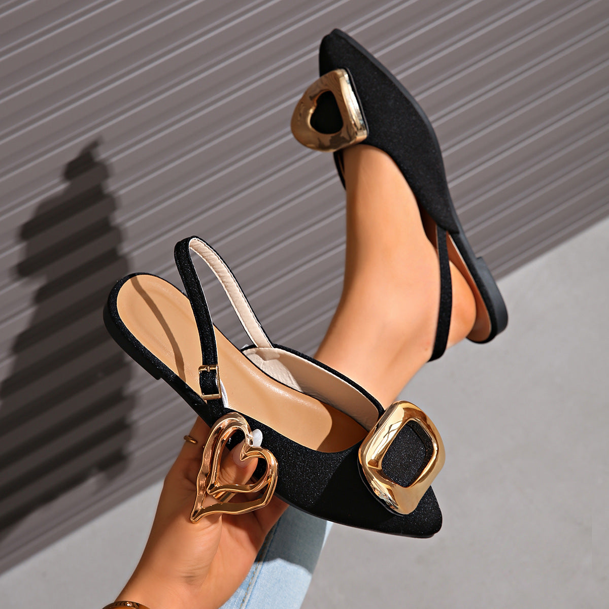 Damen Slingback-Ballerinas mit Herz- und Quadratschnalle R&B