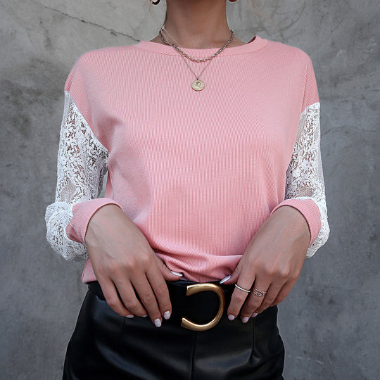Damen Elegantes Langarm-Oberteil mit Spitze und strukturierter Oberfläche R&B