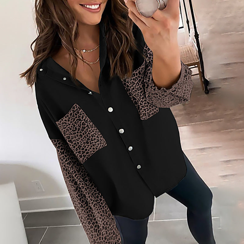 Damen Oversized Hemdbluse mit Leopardenmuster und Druckknöpfen R&B
