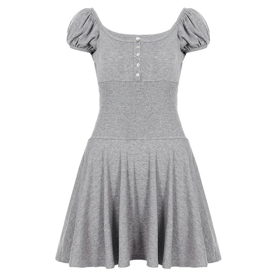 Damen elegantes Kleid mit Puffärmeln und Knopfleiste R&B