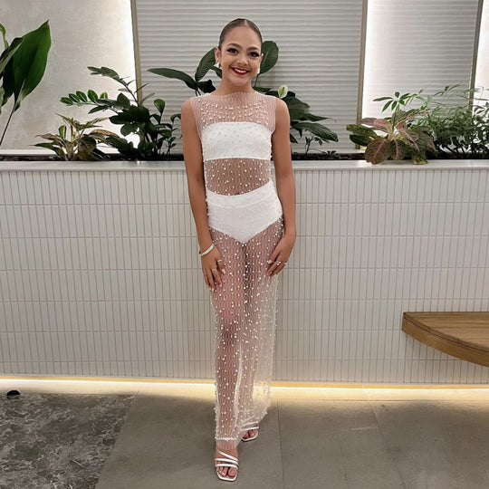 Damen Kleidungsstück mit Perlverzierung und transparentem Netzdesign R&B