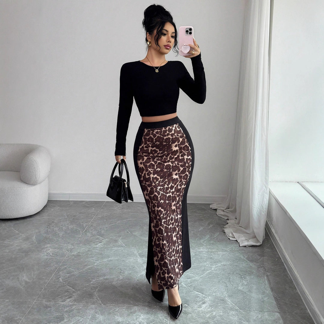 Damen nan taillierter Bleistiftmidirock mit Animal-Print-Mittelbahn und seitlichem Oberschenkel-Schlitz R&B