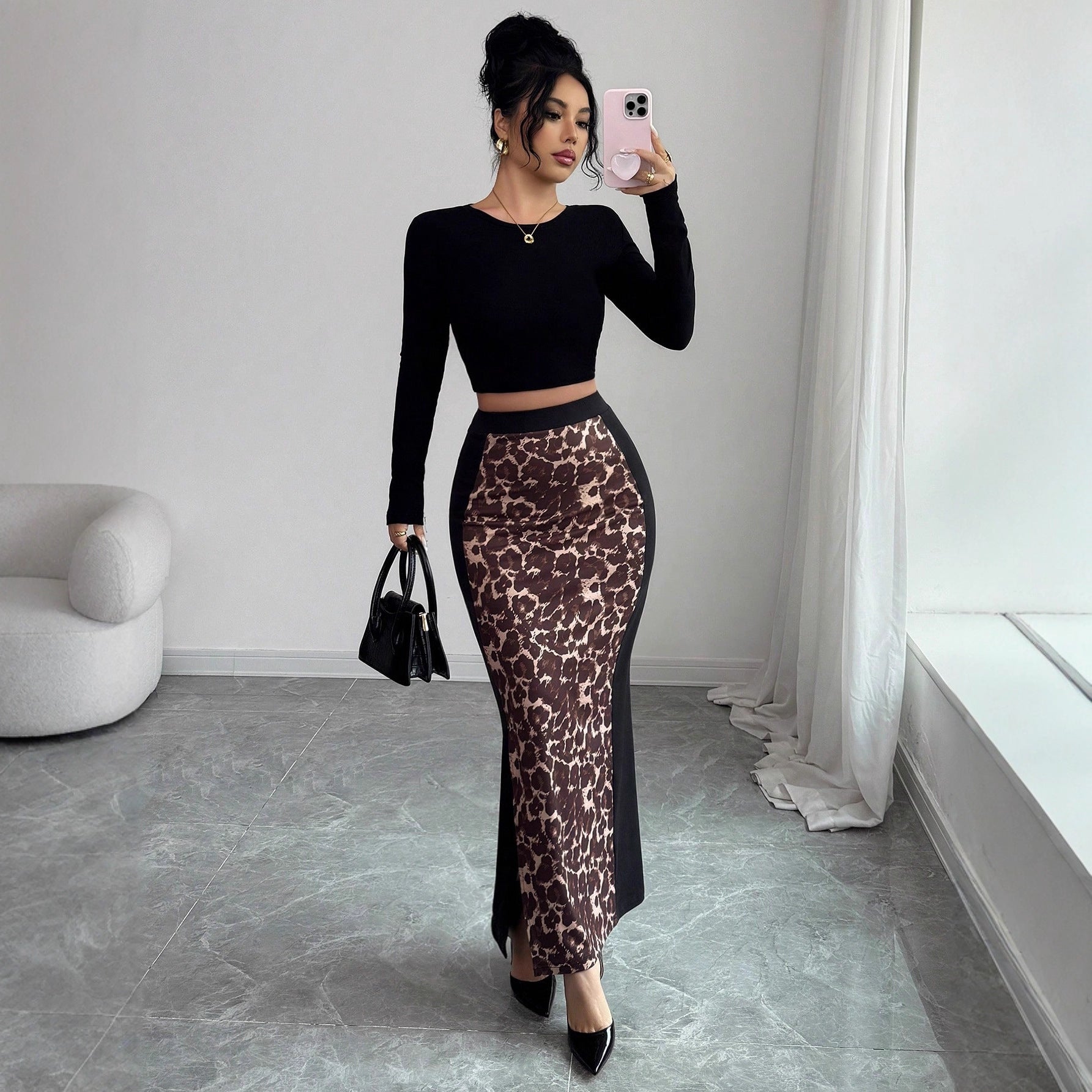 Damen nan taillierter Bleistiftmidirock mit Animal-Print-Mittelbahn und seitlichem Oberschenkel-Schlitz R&B