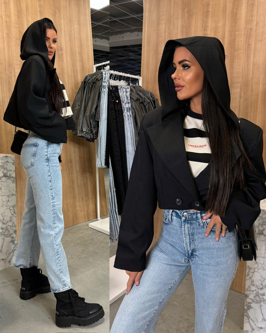 Damen Modische Jacke mit Kapuze und doppelter Knopfleiste R&B