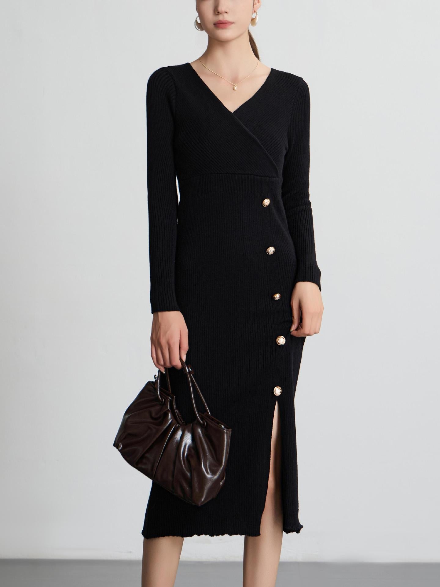 Damen Strickkleid mit Wickeloptik und Knopfdetails