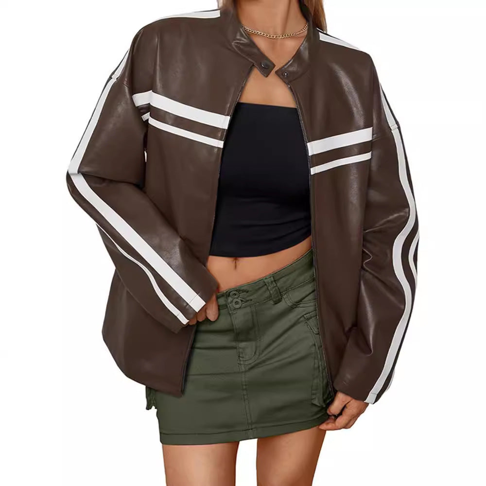 Damen Kunstlederjacke mit sportlichen Streifen R&B