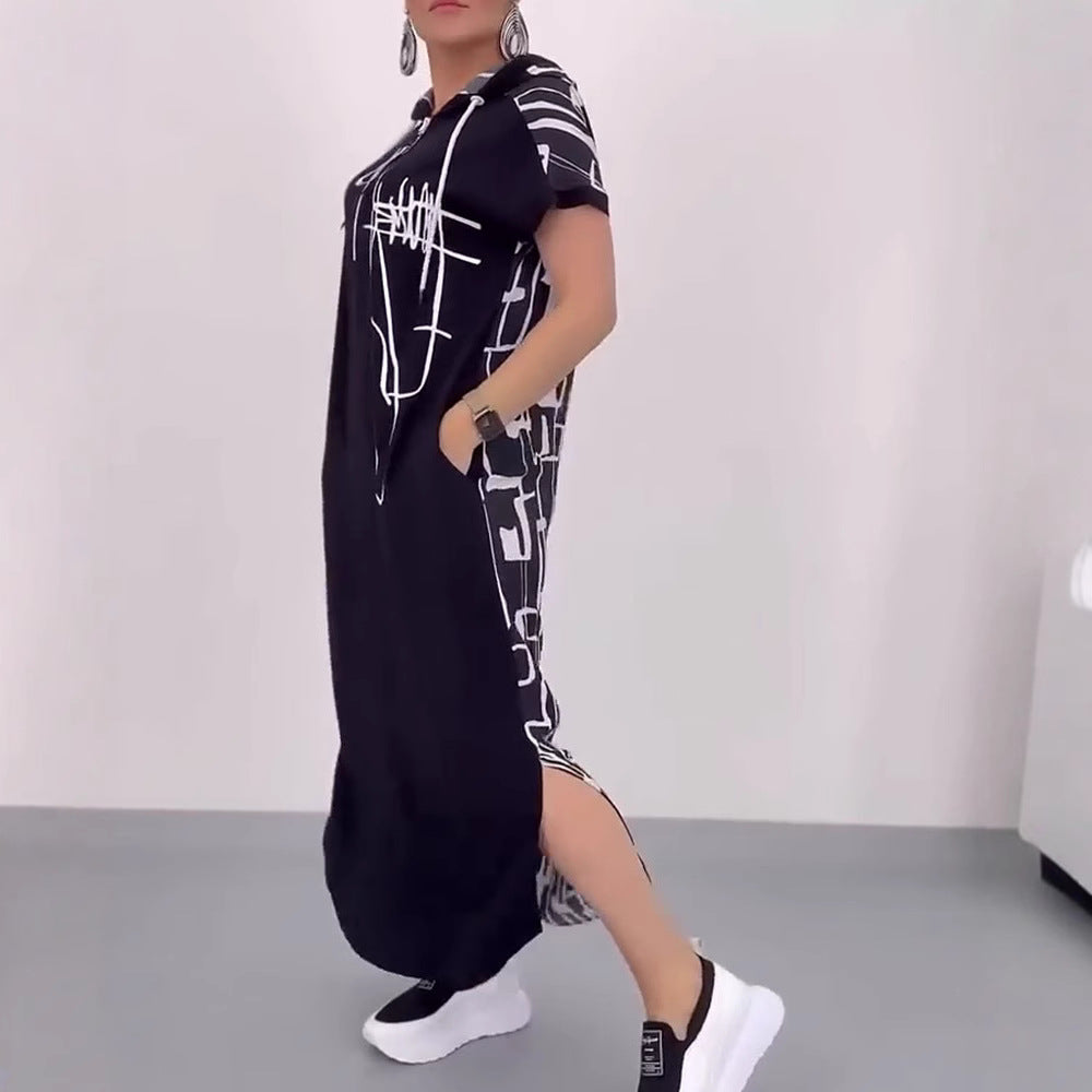 Damen nan urbanes Kapuzen‑Kaftankleid in lockerem Fall mit kurzärmeligem Schnitt und abstraktem Grafikmuster R&B