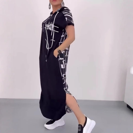 Damen nan urbanes Kapuzen‑Kaftankleid in lockerem Fall mit kurzärmeligem Schnitt und abstraktem Grafikmuster R&B