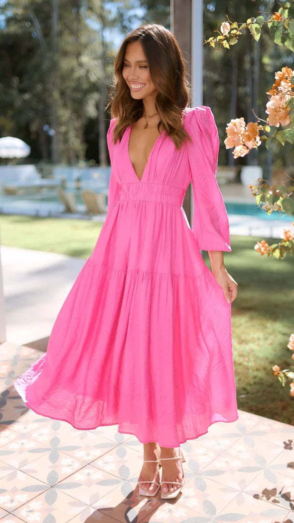 Damen Langarm Maxikleid mit tiefem V-Ausschnitt und weitem Rock R&B