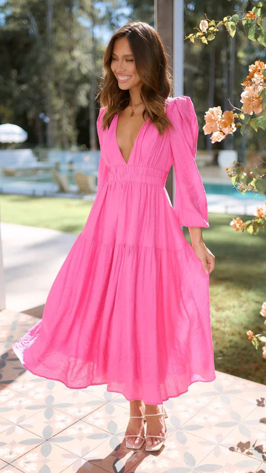 Damen Langarm Maxikleid mit tiefem V-Ausschnitt und weitem Rock R&B