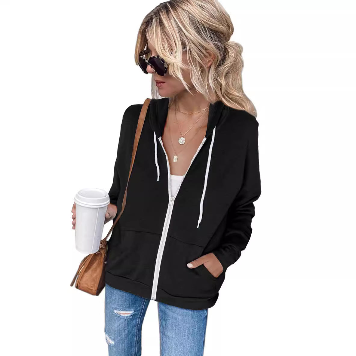 Damen bequemer Kapuzenpullover mit Reißverschluss und seitlichen Taschen R&B