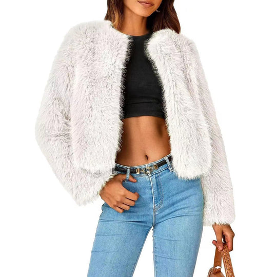 Damen Kuschelige Kurze Pelzjacke R&B