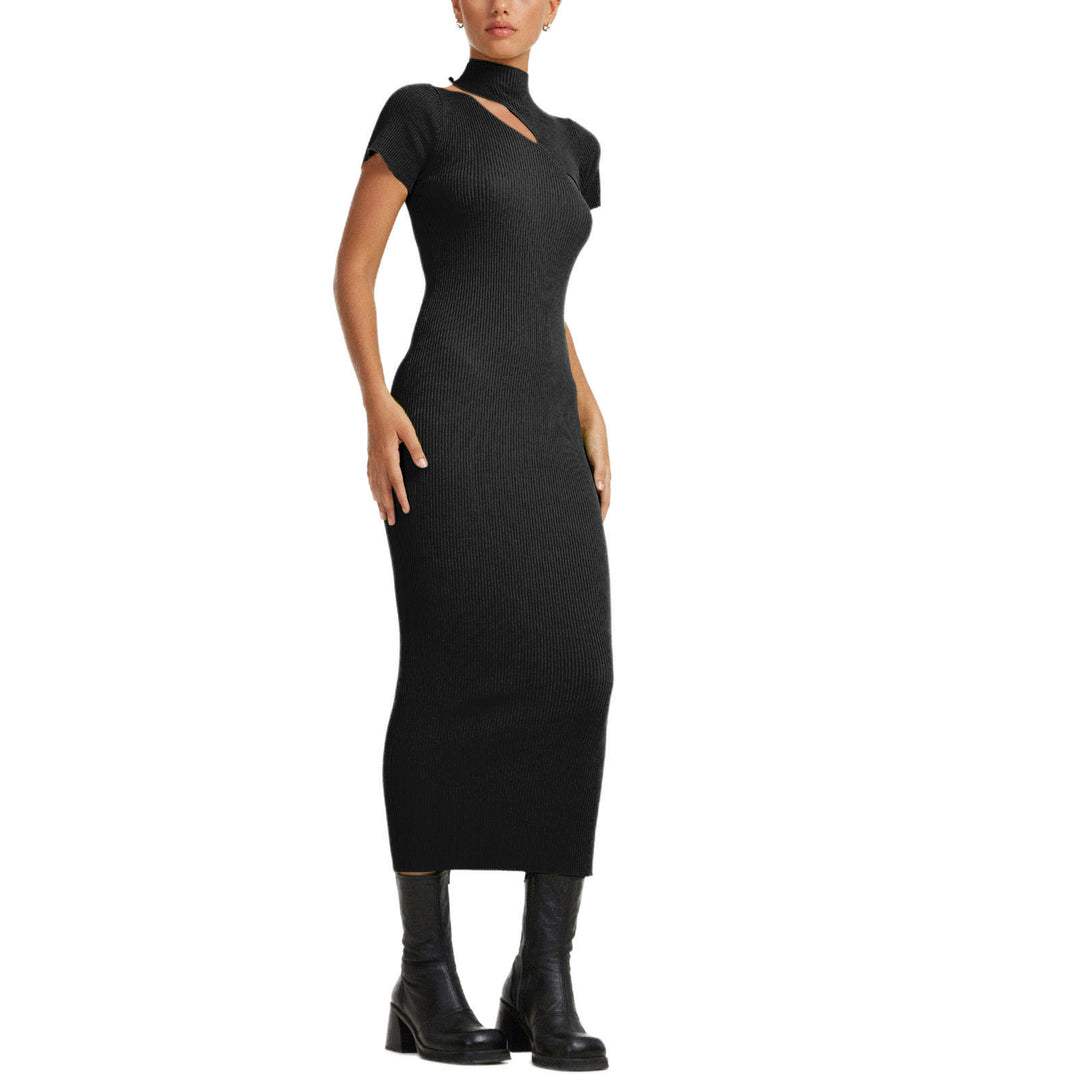 Damen figurbetontes Strickkleid mit asymmetrischem Ausschnitt und hohem Kragen R&B