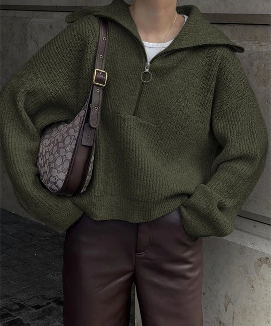 Damen Strickpullover mit Reißverschluss und lässigem Schnitt R&B
