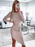 Damen figurbetontes Langarmkleid mit asymmetrischem Schnitt und Raffungen R&B