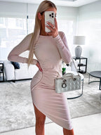 Damen figurbetontes Langarmkleid mit asymmetrischem Schnitt und Raffungen R&B