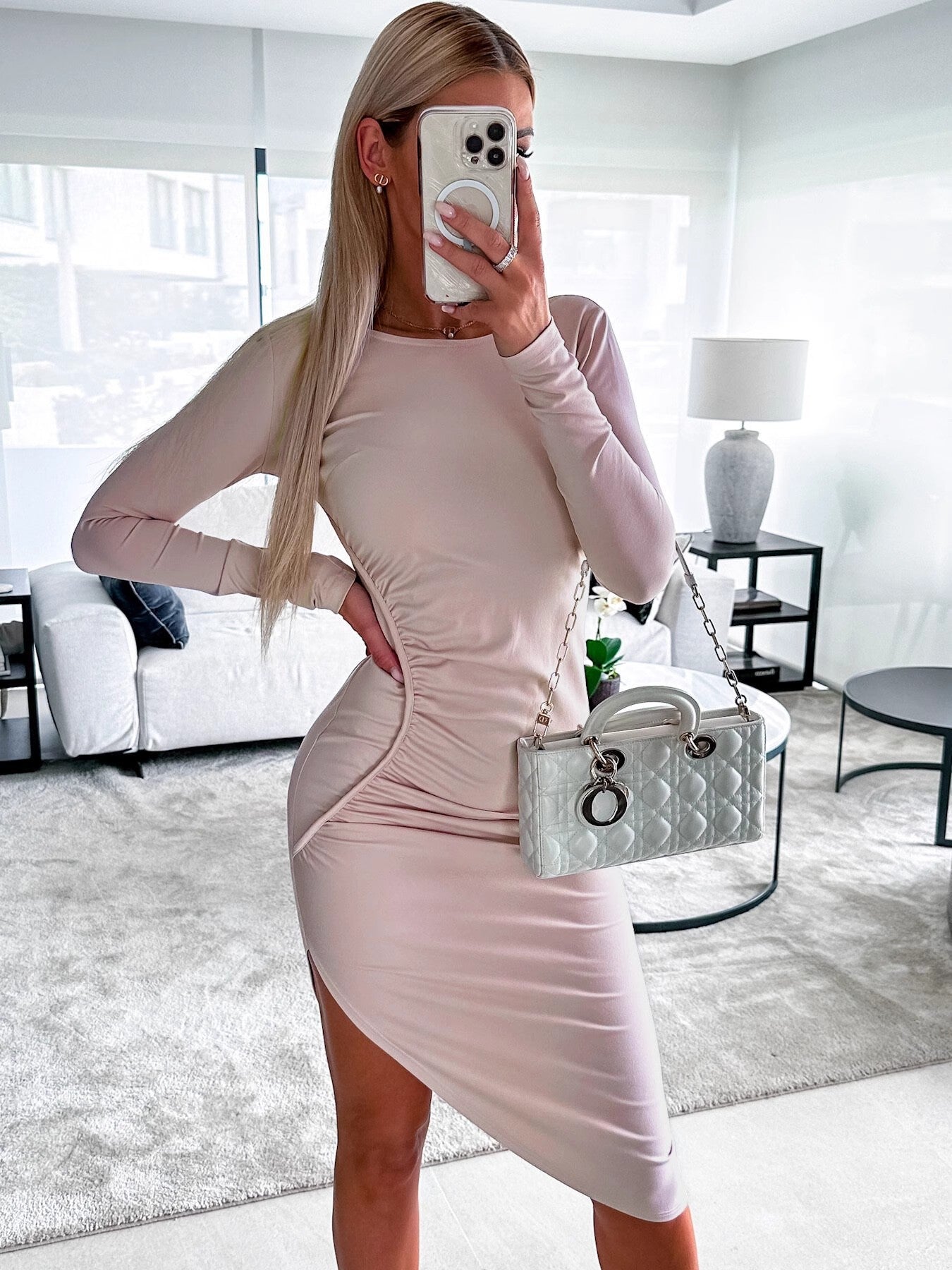 Damen figurbetontes Langarmkleid mit asymmetrischem Schnitt und Raffungen R&B