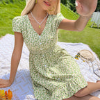 Damen Kurzarm Kleid mit floralen Mustern und elastischem Taillenband R&B