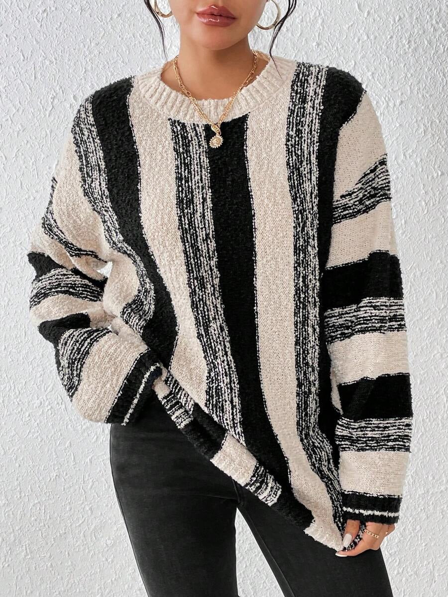 Damen Grober Strickpullover mit auffälligem Streifenmuster und lockerer Passform R&B