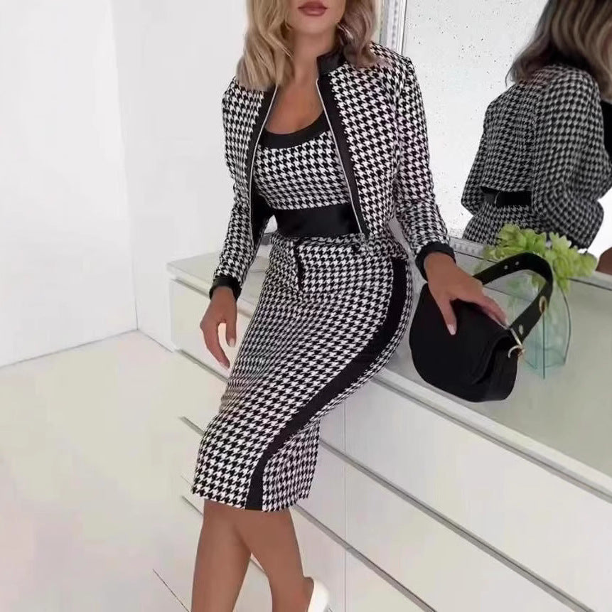 Damen Stilvolles Blazer-Kleid-Set mit grafischem Muster und tailliertem Schnitt R&B