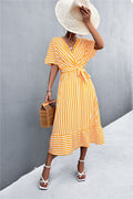 Damen Wickel-Kleid mit Streifenmuster und praktischen Bindegürtel R&B